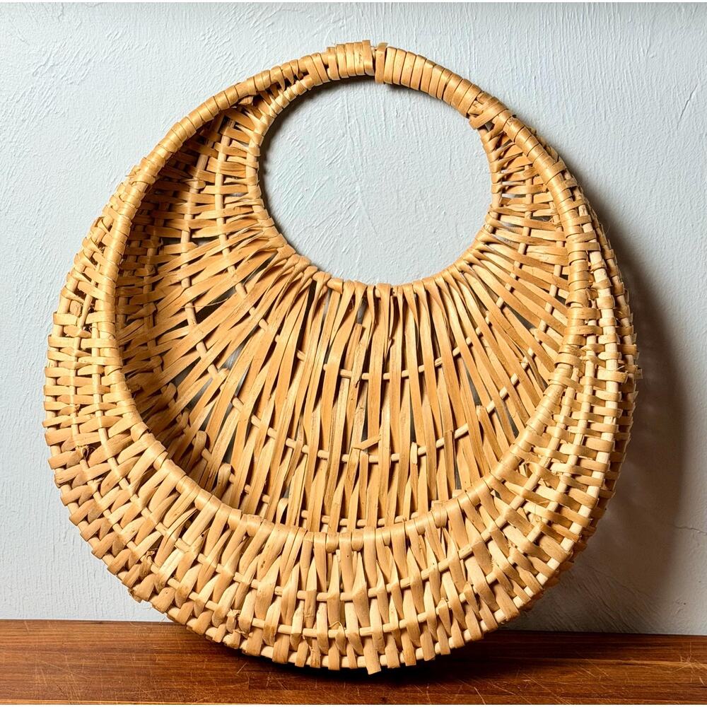 1970s Woven Wicker Wall Basket: Round Boho Farmhouse Decor (13-14" Tall) - Picture 3 of 10